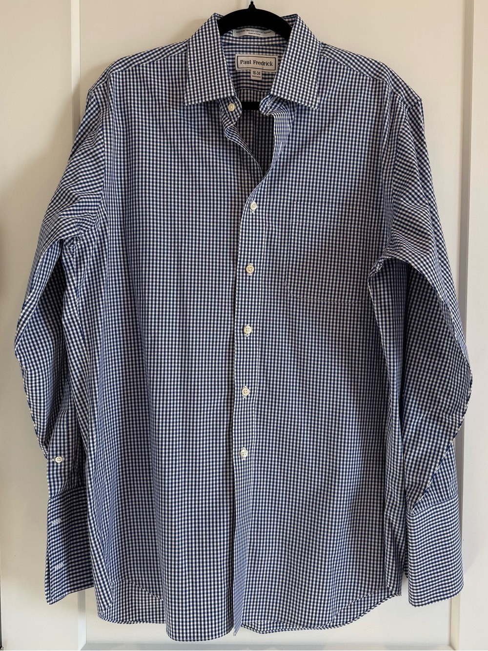 Paul Fredrick Men’s Navy White Gingham Button Down Dress Shirt 100% Cotton - 16